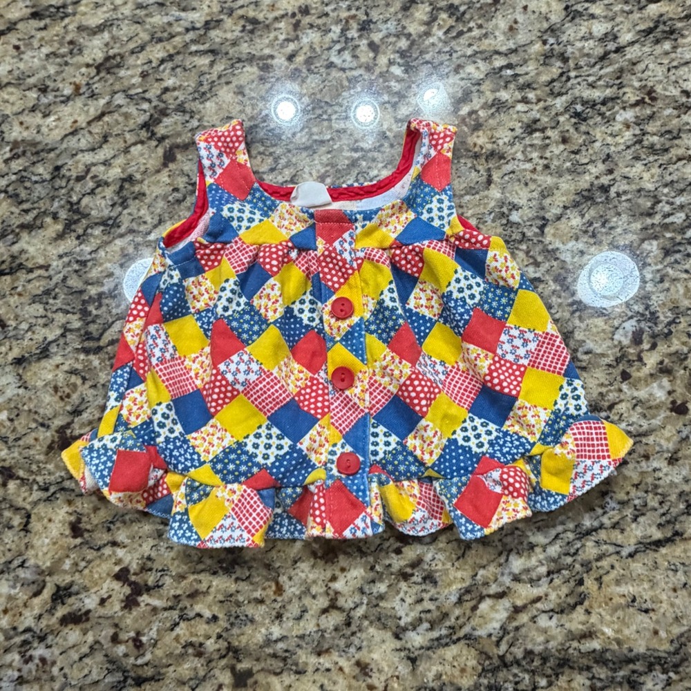 Vintage Carters Girls 12M Patchwork Print Ruffle Hem Sleeveless Top Red Blue